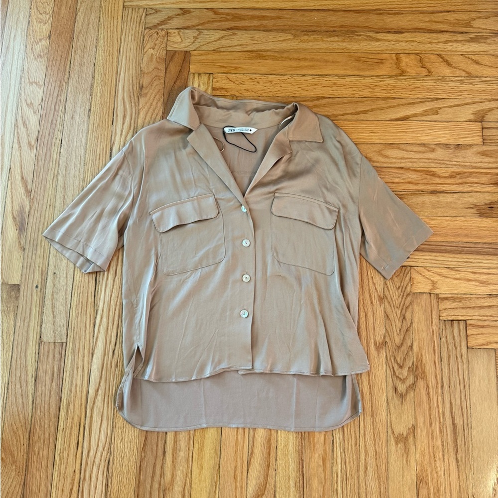 Zara Women's Tan Button-Up Blouse